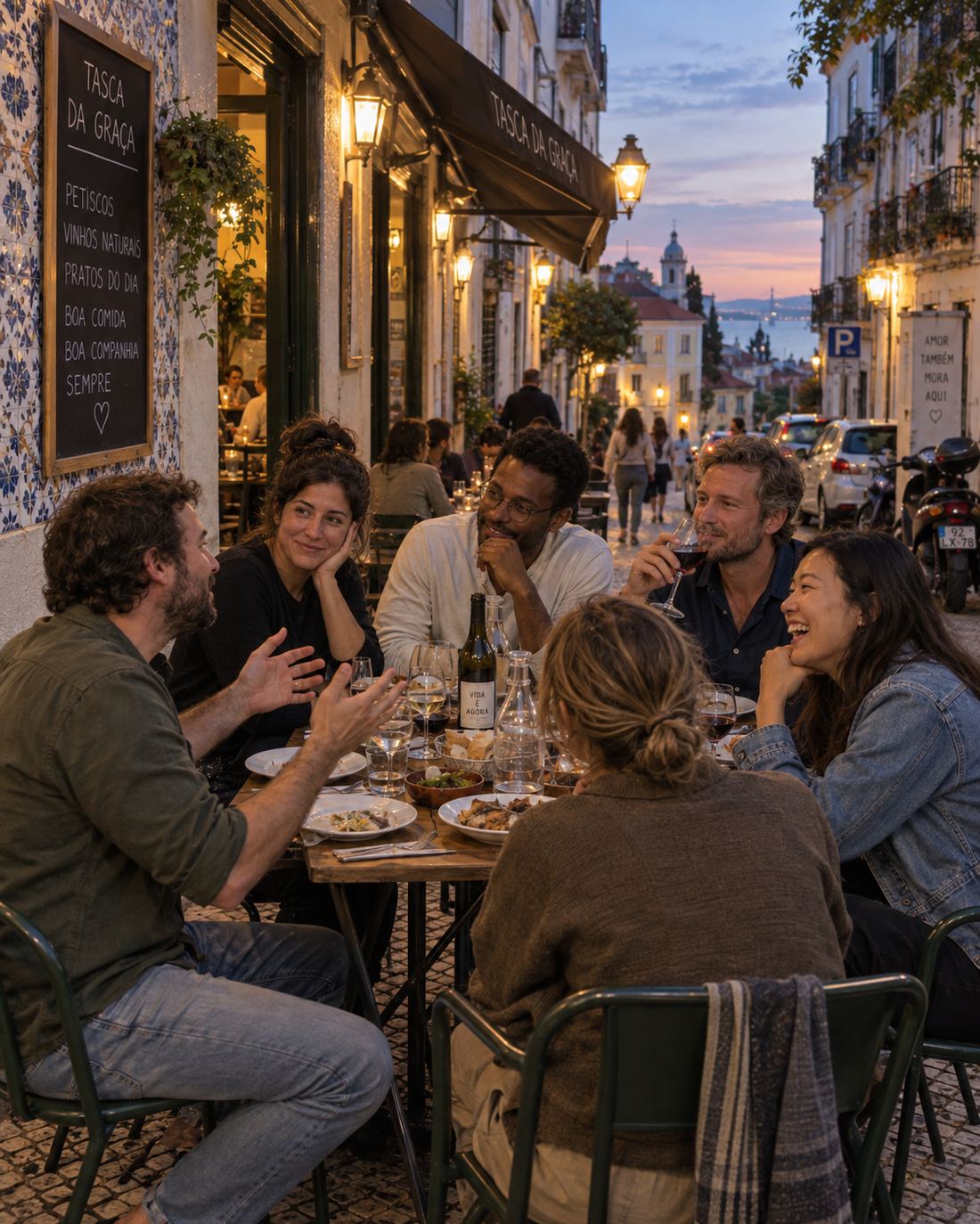 Six founders talking over dinner at a Lisbon street table at dusk
