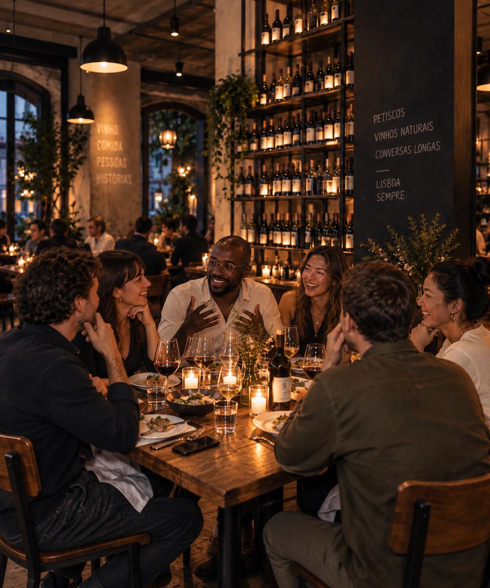 Six founders laughing around a candlelit table in a Lisbon wine bar